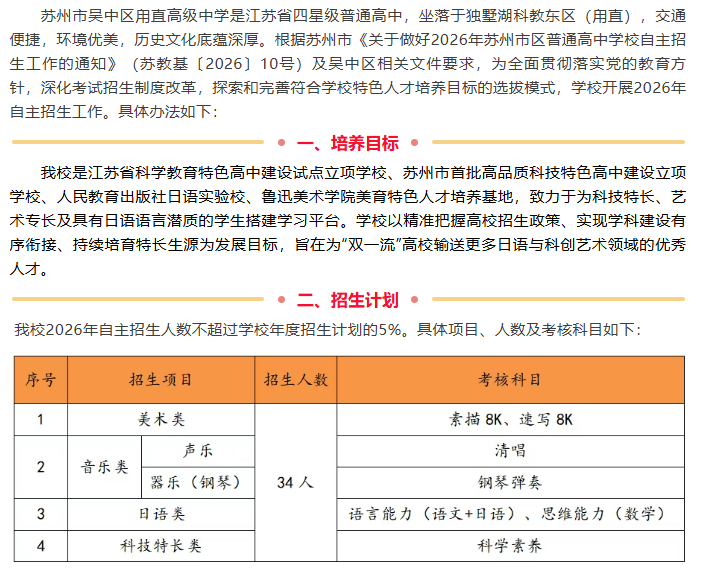 苏州市吴中区甪直高级中学2026年自主招生简章
